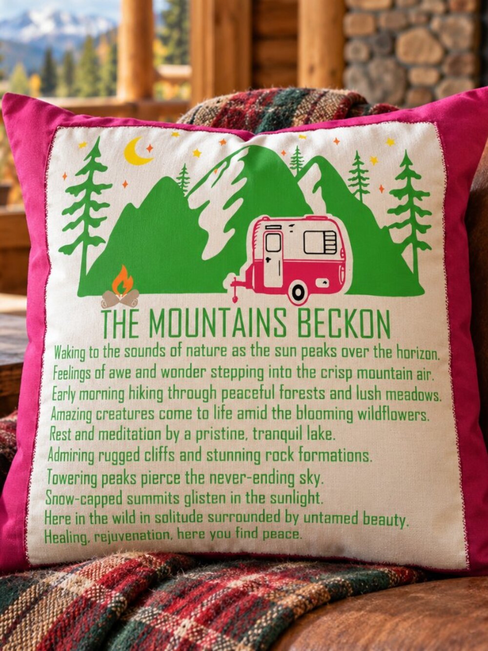 Mountain Camping Pillow Cover Handmade Vintage Camper Magenta Decor 18 x 18 in